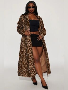 NEW! FASHION NOVA 'About The Action' Denim Animal Print Leopard Trench Coat